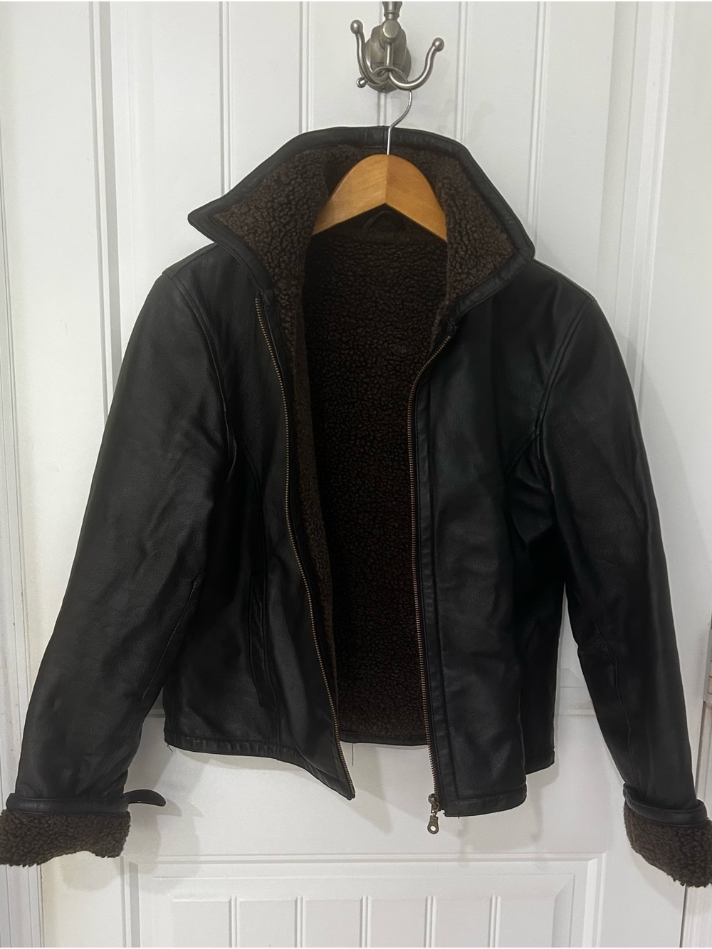 Wilda brown Leather Bomber Jacket with Brown Sherpa Trim